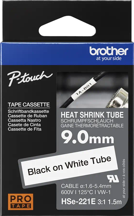 HSe-221E Brother 9.0mm x 1.5m Black of White Heat Shrink Tube