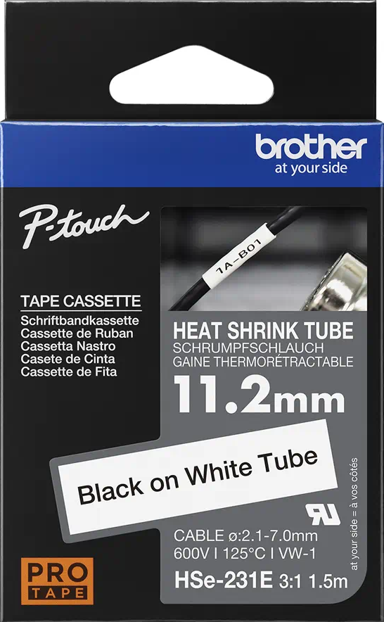 HSe-231E Brother 11.2mm x 1.5m Black on White Heat Shrink Tube