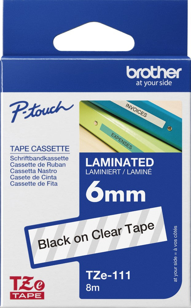 TZe-111 Brother 6mm x 8m Black on Clear Adhesive Laminated Tape