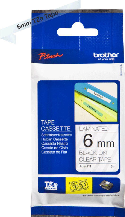 TZe-111 Brother 6mm x 8m Black on Clear Adhesive Laminated Tape