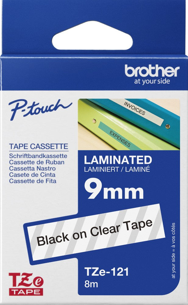 TechWarehouse TZe-121 Brother 9mm x 8m Black on Clear Adhesive Laminated Tape Brother