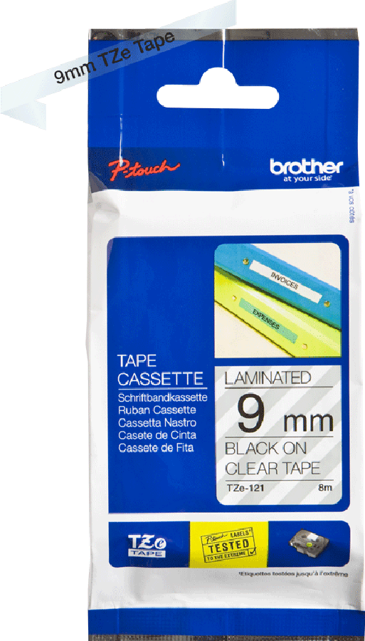 TZe-121 Brother 9mm x 8m Black on Clear Adhesive Laminated Tape