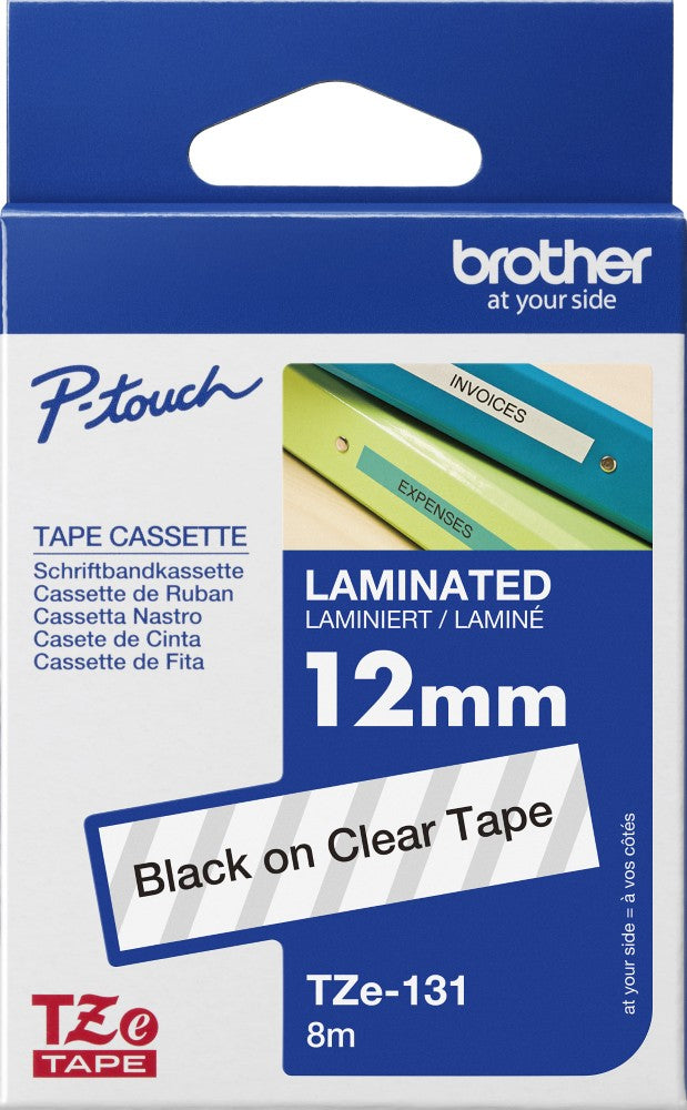 TechWarehouse TZe-131 Brother 12mm x 8m Black on Clear Adhesive Laminated Tape Brother