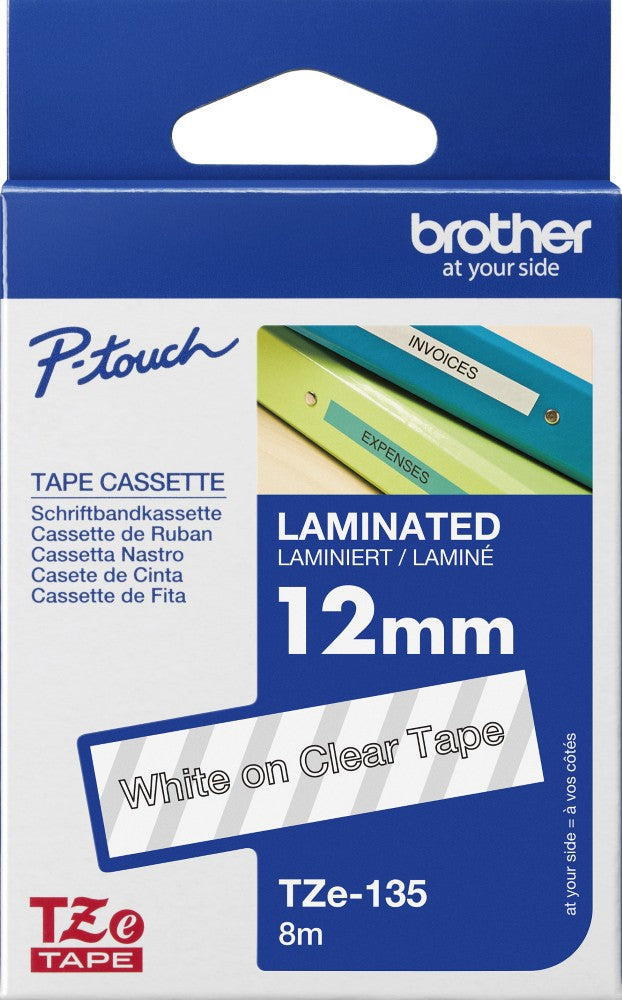 TZe-135 Brother 12mm x 8m White on Clear Adhesive Laminated Tape