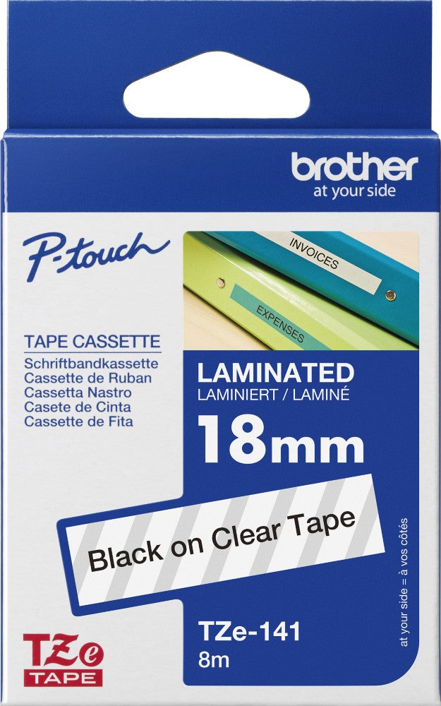 TechWarehouse TZe-141 Brother 18mm x 8m Black on Clear Adhesive Laminated Tape Brother