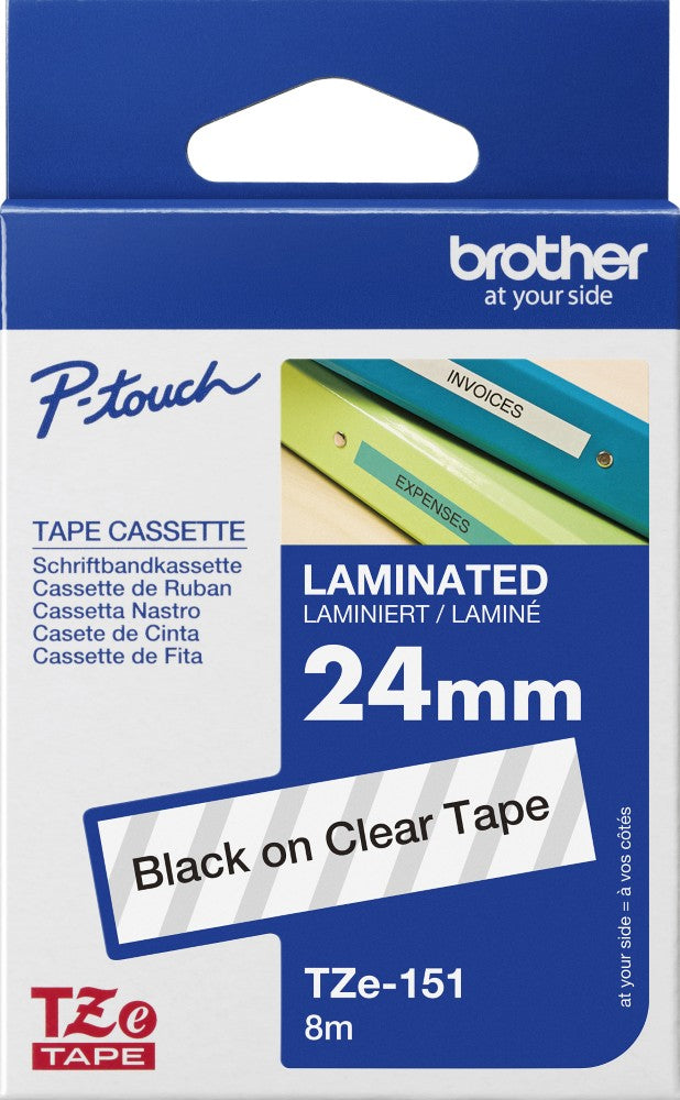 TechWarehouse TZe-151 Brother 24mm x 8m Black on Clear Adhesive Laminated Tape Brother