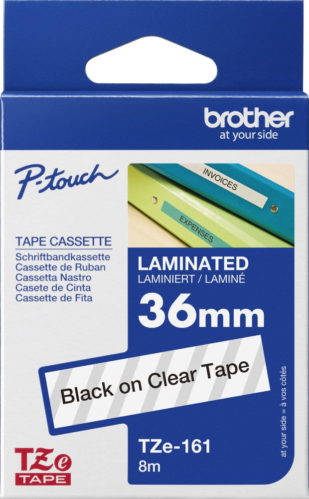 TZe-161 Brother 36mm x 8m Black on Clear Adhesive Laminated Tape