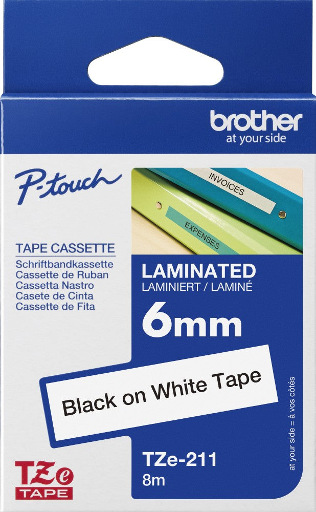 TechWarehouse TZe-211 Brother 6mm x 8m Black on White Adhesive Laminated Tape Brother