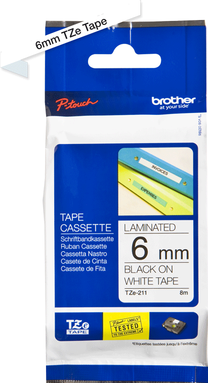 TZe-211 Brother 6mm x 8m Black on White Adhesive Laminated Tape