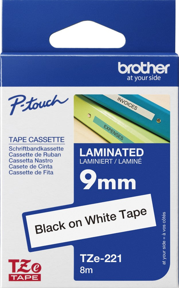 TZe-221 Brother 9mm x 8m Black on White Adhesive Laminated Tape