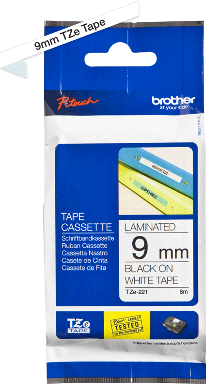 TZe-221 Brother 9mm x 8m Black on White Adhesive Laminated Tape