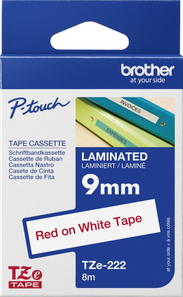 TechWarehouse TZe-222 Brother 9mm x 8m Tape Red on White Adhesive Laminated Tape Brother