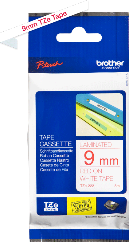 TZe-222 Brother 9mm x 8m Tape Red on White Adhesive Laminated Tape