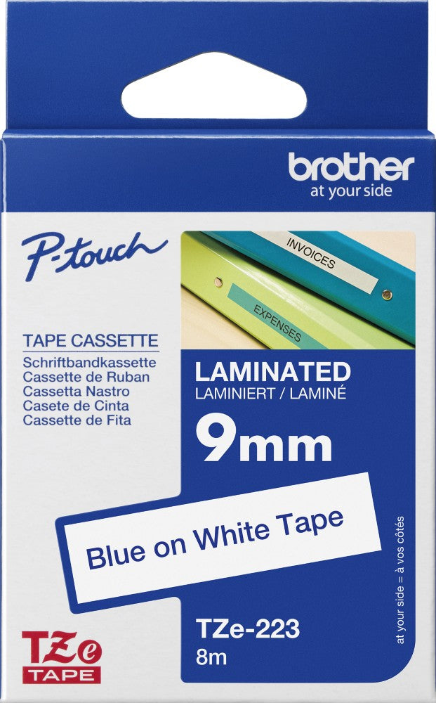 TechWarehouse TZe-223 Brother 9mm x 8m Blue on White Adhesive Laminated Tape Brother