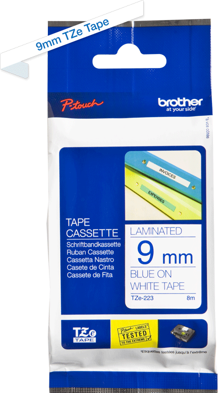 TZe-223 Brother 9mm x 8m Blue on White Adhesive Laminated Tape