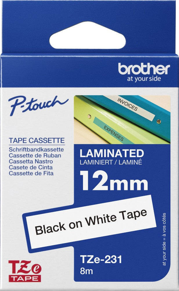 TechWarehouse TZe-231 Brother 12mm x 8m Black on White Adhesive Laminated Tape Brother