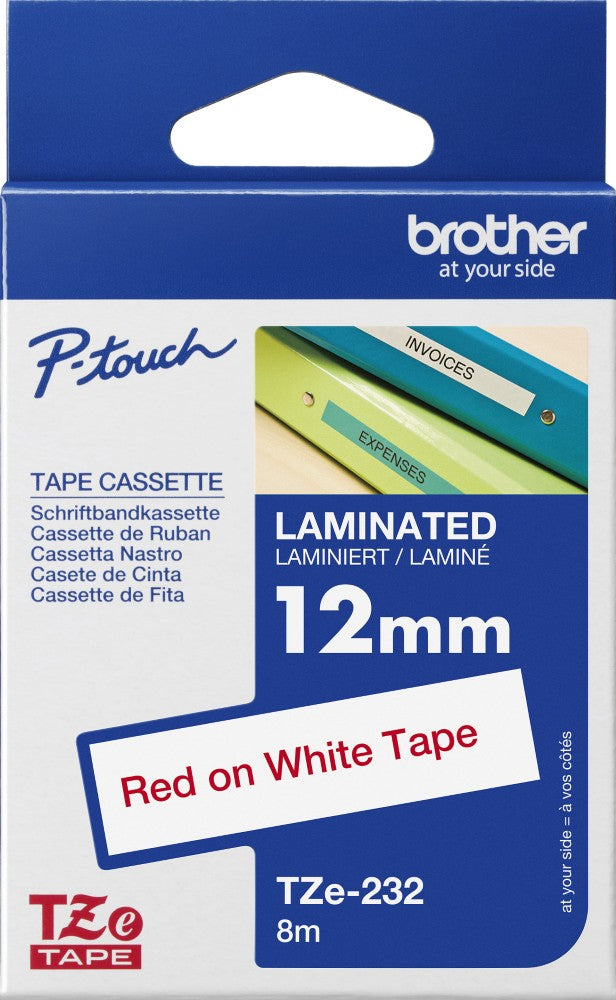 TechWarehouse TZe-232 Brother 12mm x 8m Red on White Adhesive Laminated Tape Brother