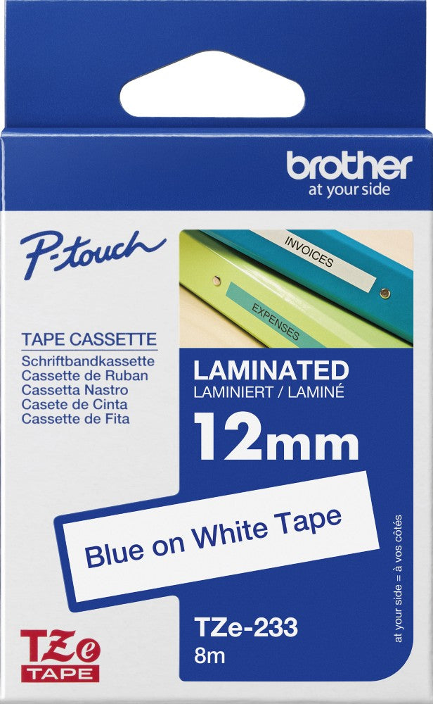 TechWarehouse TZe-233 Brother 12mm x 8m Blue on White Adhesive Laminated Tape Brother