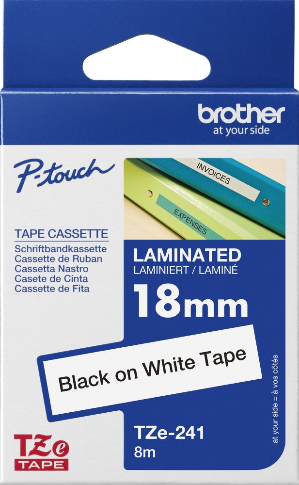 TechWarehouse TZe-241 Brother 18mm x 8m Black on White Adhesive Laminated Tape Brother