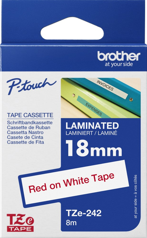 TechWarehouse TZe-242 Brother 18mm x 8m Red on White Adhesive Laminated Tape Brother