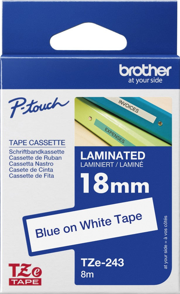 TZe-242 Brother 18mm x 8m Blue on White Adhesive Laminated Tape