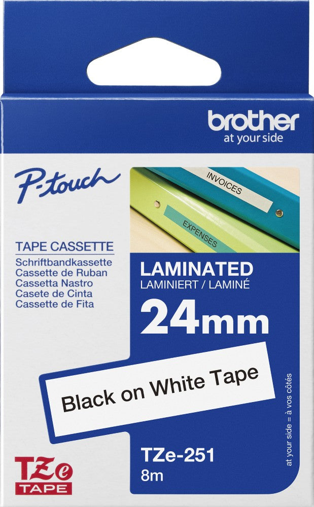 TZe-251 Brother 24mm x 8m Black on White Adhesive Laminated Tape