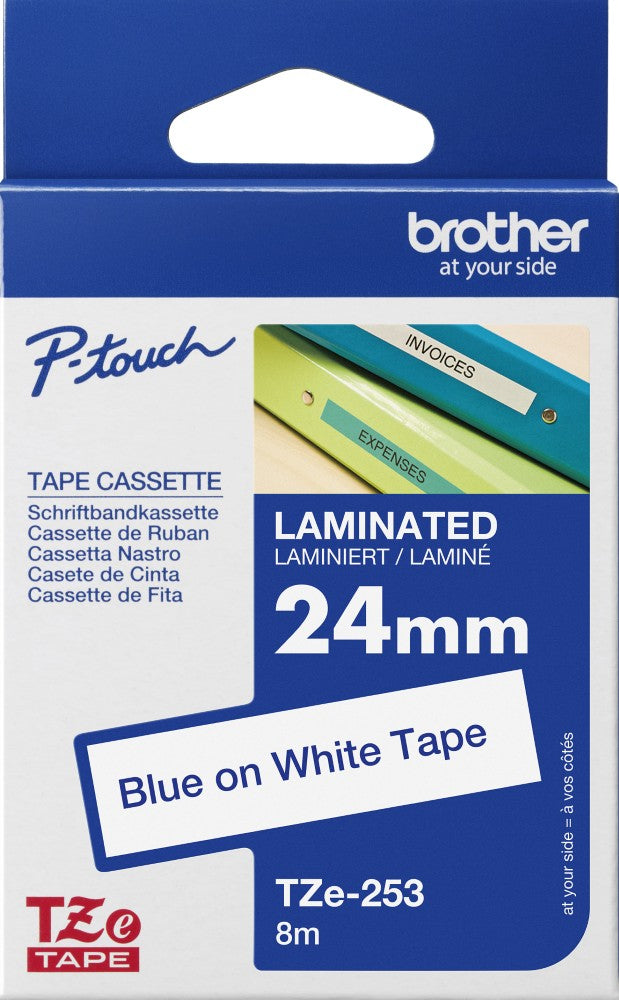 TechWarehouse TZe-253 Brother 24mm x 8m Blue on White Adhesive Laminated Tape Brother