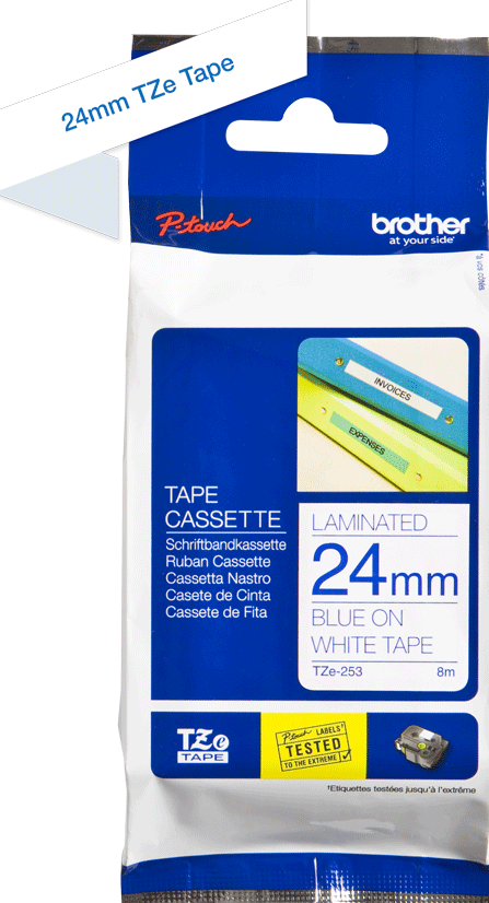 TZe-253 Brother 24mm x 8m Blue on White Adhesive Laminated Tape