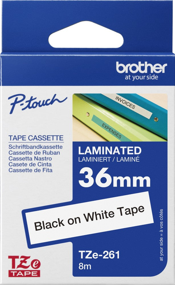 TechWarehouse TZe-261 Brother 36mm x 8m Black on White Adhesive Laminated Tape Brother