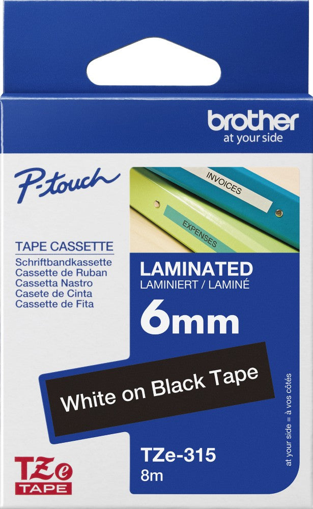 TZe-315 Brother 6mm x 8m White on Black Adhesive Laminated Tape