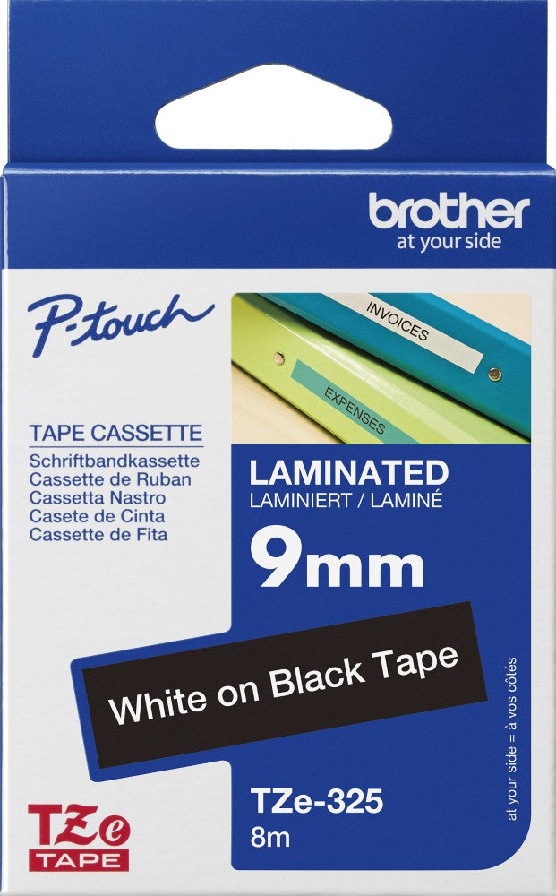 TechWarehouse TZe-325 Brother 9mm x 8m White on Black Adhesive Laminated Tape Brother