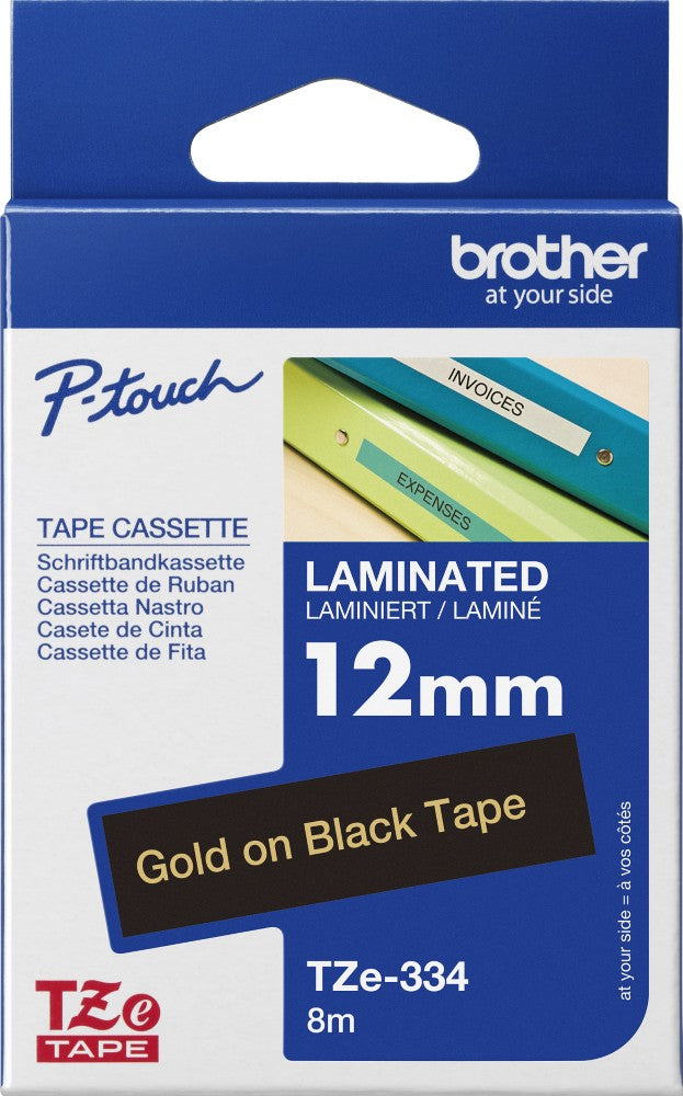 TechWarehouse TZe-334 Brother 12mm x 8m Gold on Black Adhesive Laminated Tape Brother