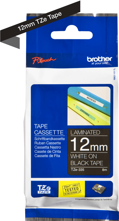 TZe-335 Brother 12mm x 8m White on Black Adhesive Laminated Tape