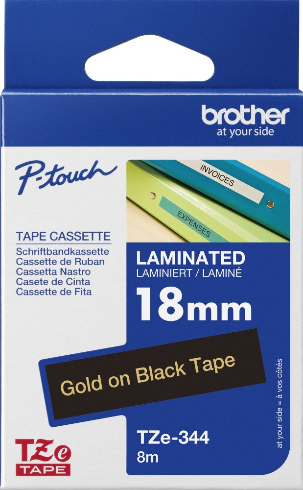 TechWarehouse TZe-344 Brother 18mm x 8 Gold on Black Adhesive Laminated Tape Brother