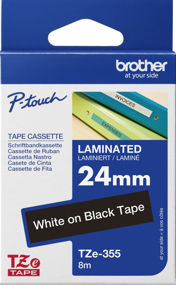 TechWarehouse TZe-355 Brother 24mm x 8m White on Black Adhesive Laminated Tape Brother