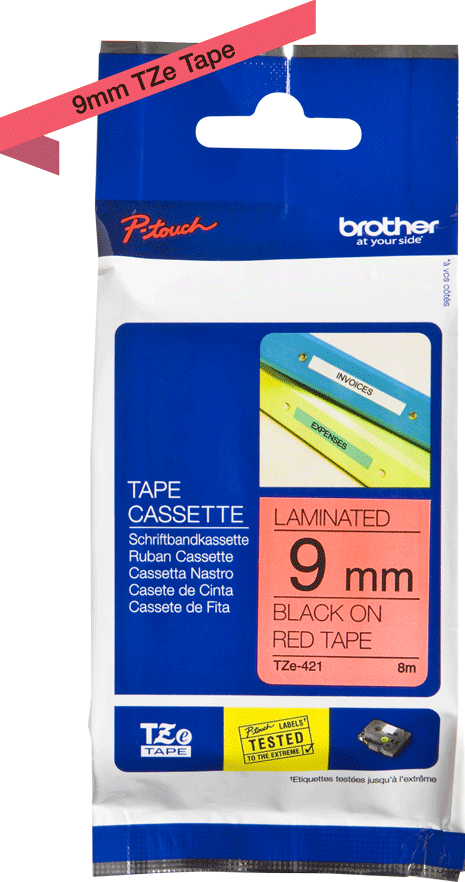 TZe-421 Brother 9mm x 8m Black on Red Adhesive Laminated Tape