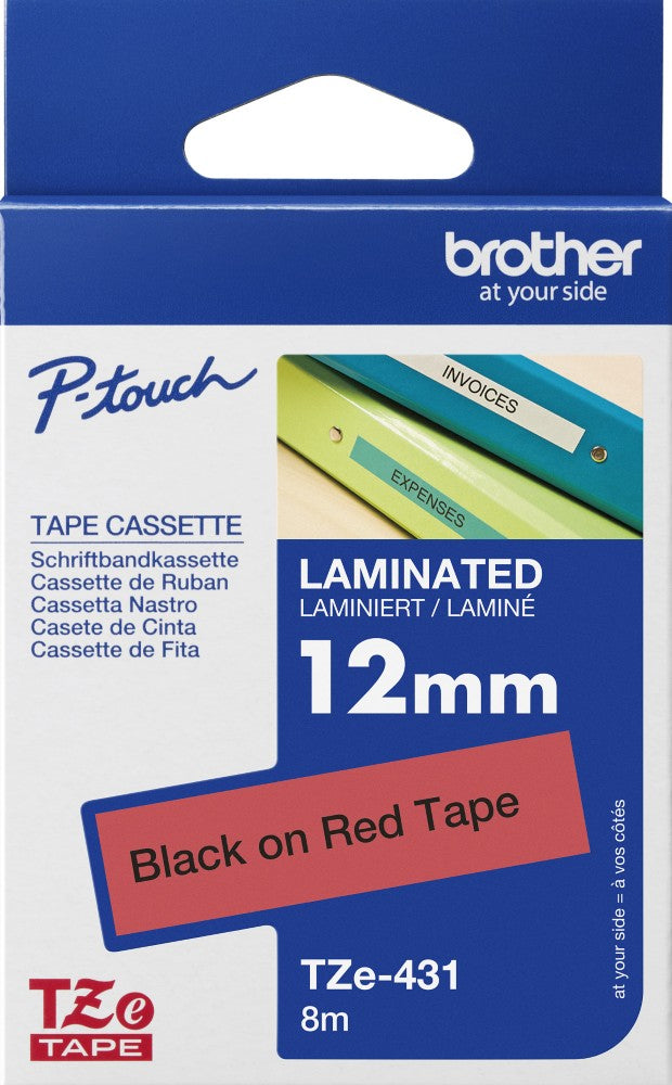 TechWarehouse TZe-431 Brother 12mm x 8m Black on Red Adhesive Laminated Tape Brother