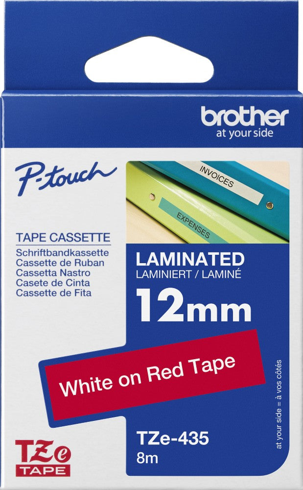 TZe-435 Brother 12mm x 8m White on Red Adhesive Laminated Tape