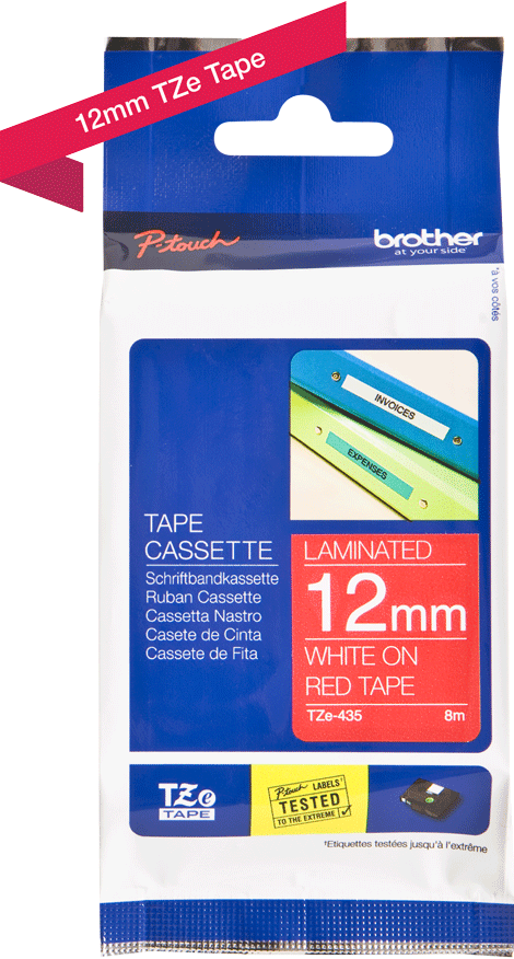 TZe-435 Brother 12mm x 8m White on Red Adhesive Laminated Tape