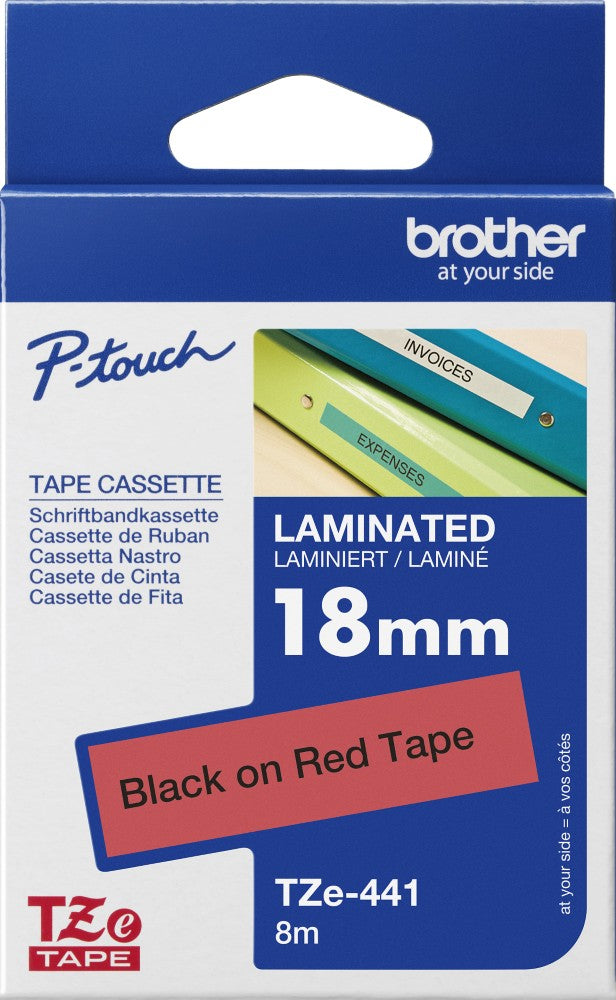 TechWarehouse TZe-441 Brother 18mm x 8m Black on Red Adhesive Laminated Tape Brother