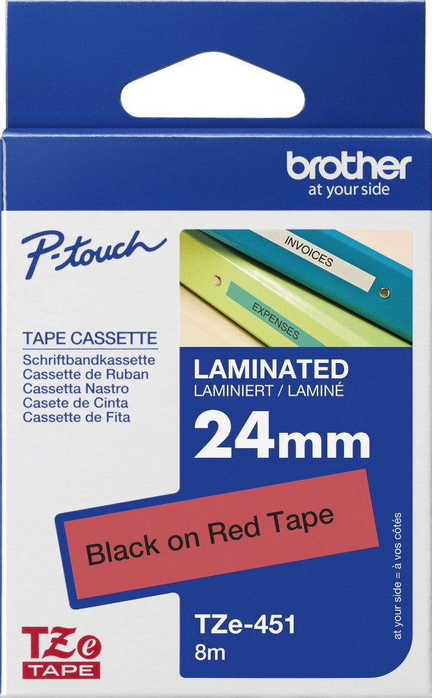 TZe-451 Brother 24mm x 8m Black on Red Adhesive Laminated Tape