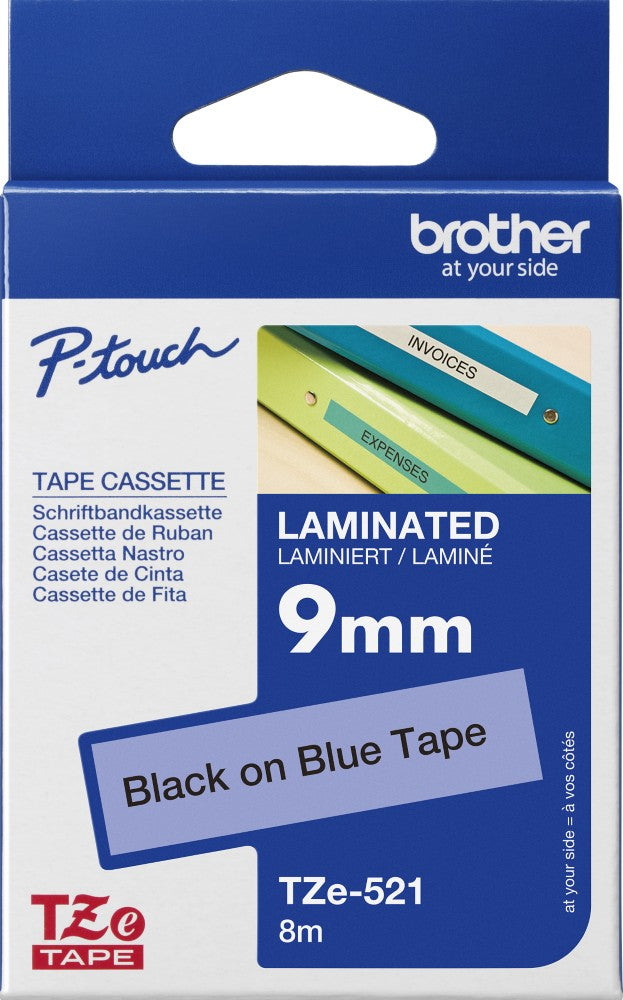 TechWarehouse TZe-521 Brother 9mm x 8m Black on Blue Adhesive Laminated Tape Brother