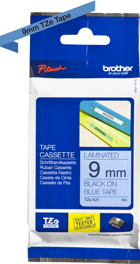 TZe-521 Brother 9mm x 8m Black on Blue Adhesive Laminated Tape