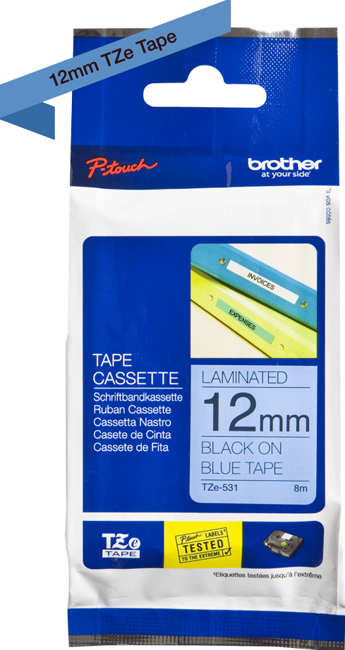 TZe-531 Brother 12mm x 8m Tape Black on Blue Adhesive Laminated Tape