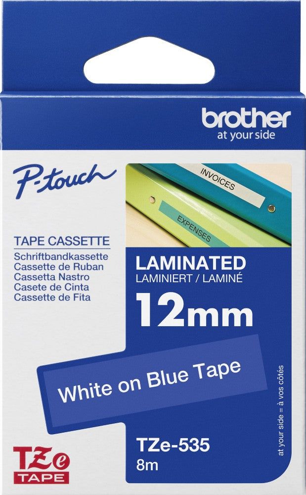 TZe-535 Brother 12mm x 8m White on Blue Tape Adhesive Laminated Tape