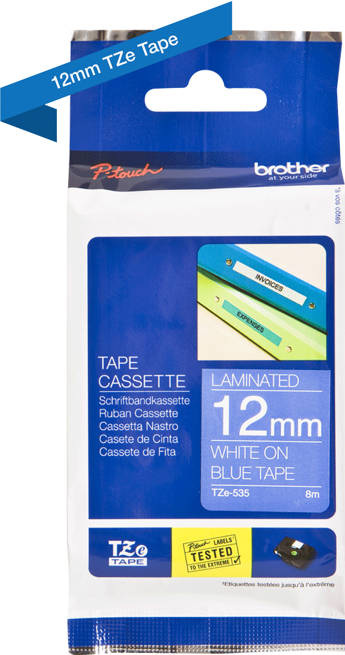 TZe-535 Brother 12mm x 8m White on Blue Tape Adhesive Laminated Tape