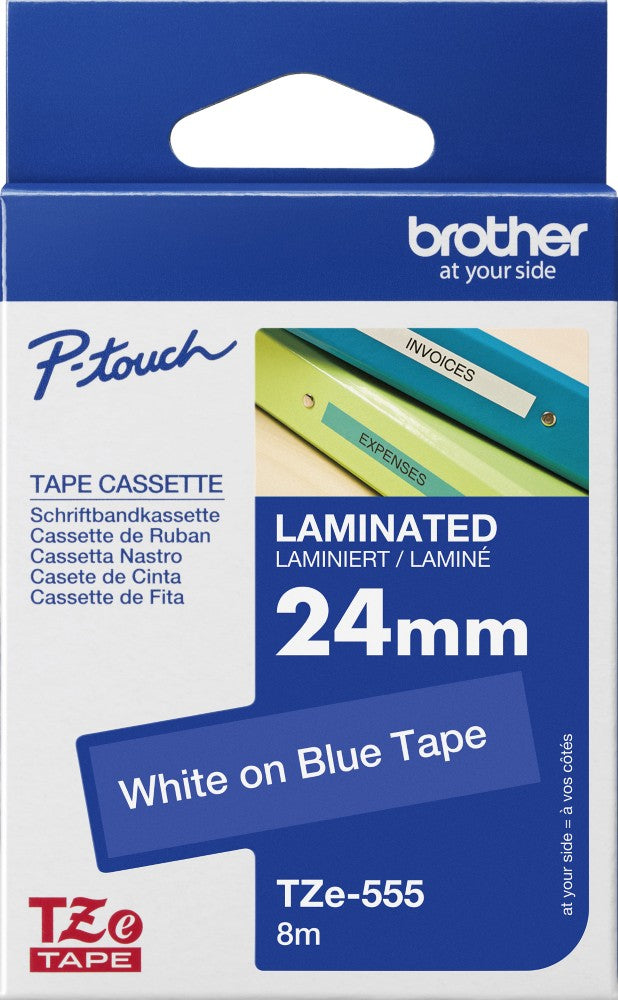 TZe-555 Brother 24mm x 8m White on Blue Adhesive Laminated Tape