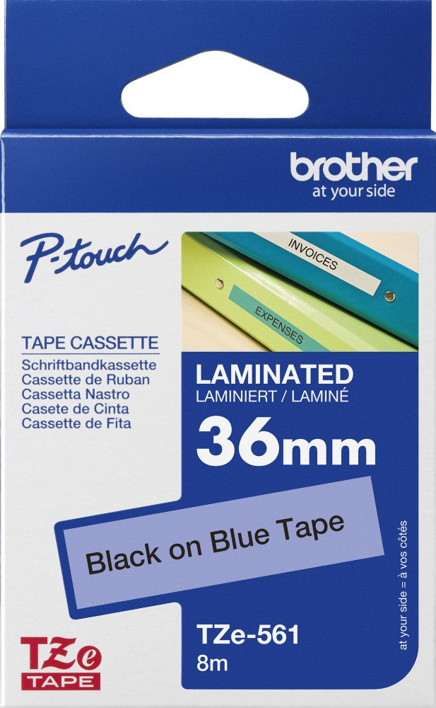 TZe-561 Brother 36mm x 8m Black on Blue Adhesive Laminated Tape