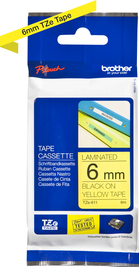 TZe-611 Brother 6mm x 8m Black on Yellow Adhesive Laminated Tape