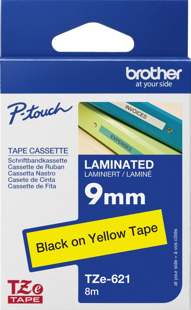 TZe-621 Brother 9mm x 8m Black on Yellow Adhesive Laminated Tape